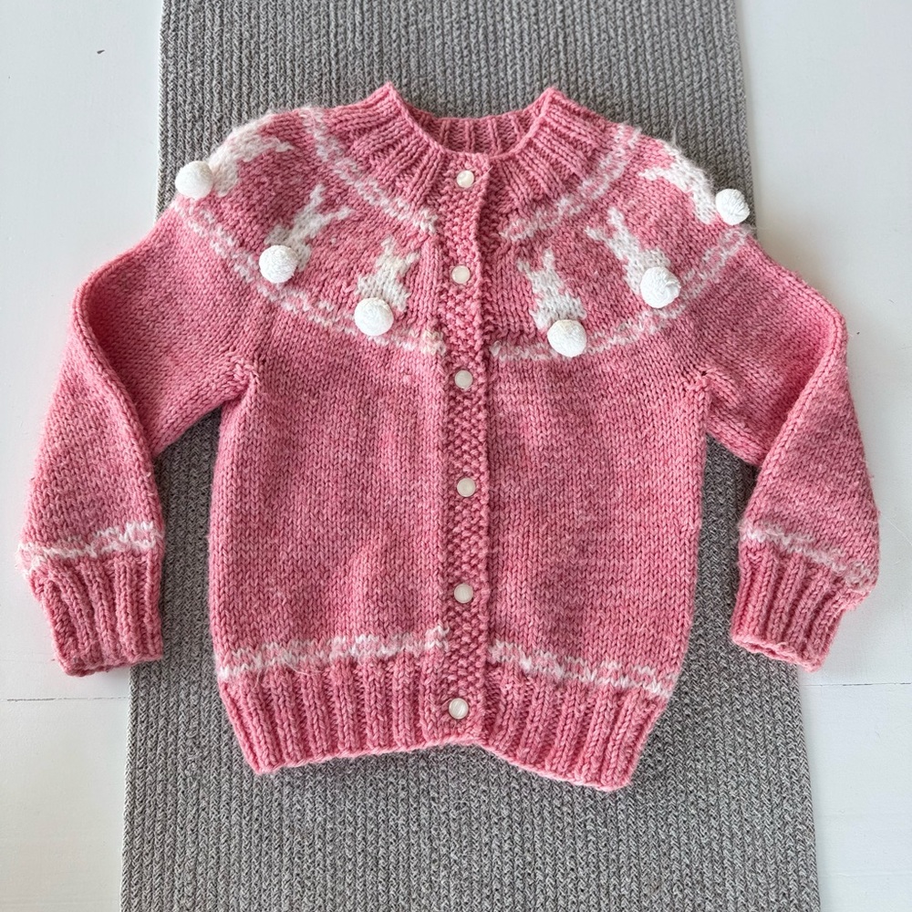 Vintage Handknit Pink White Pom Pom Easter Bunny Sweater Toddler Girls Sz 2T 3T
